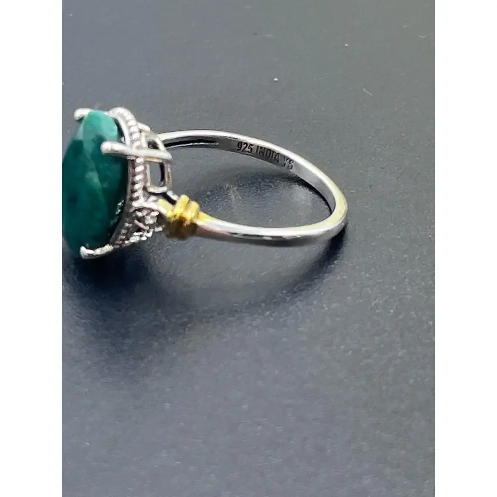 Designer Signed Sterling 925 India YS Natural Green Faceted Prong Beryl Ring‎ 9